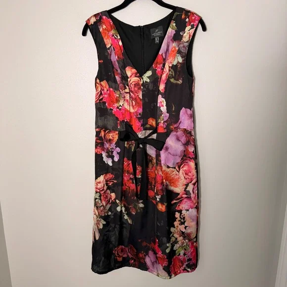 Adriana Papell Spring Satin Floral Dress (12) Elegant Sleeveless Wedding Guest - Picture 2 of 16
